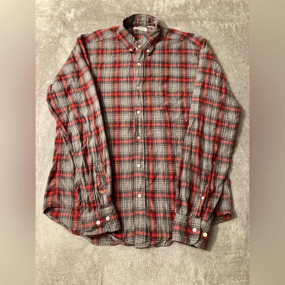 Gustin Mens Button Down Plaid Flannel Large Long Sleeve Cotton Made in USA Read